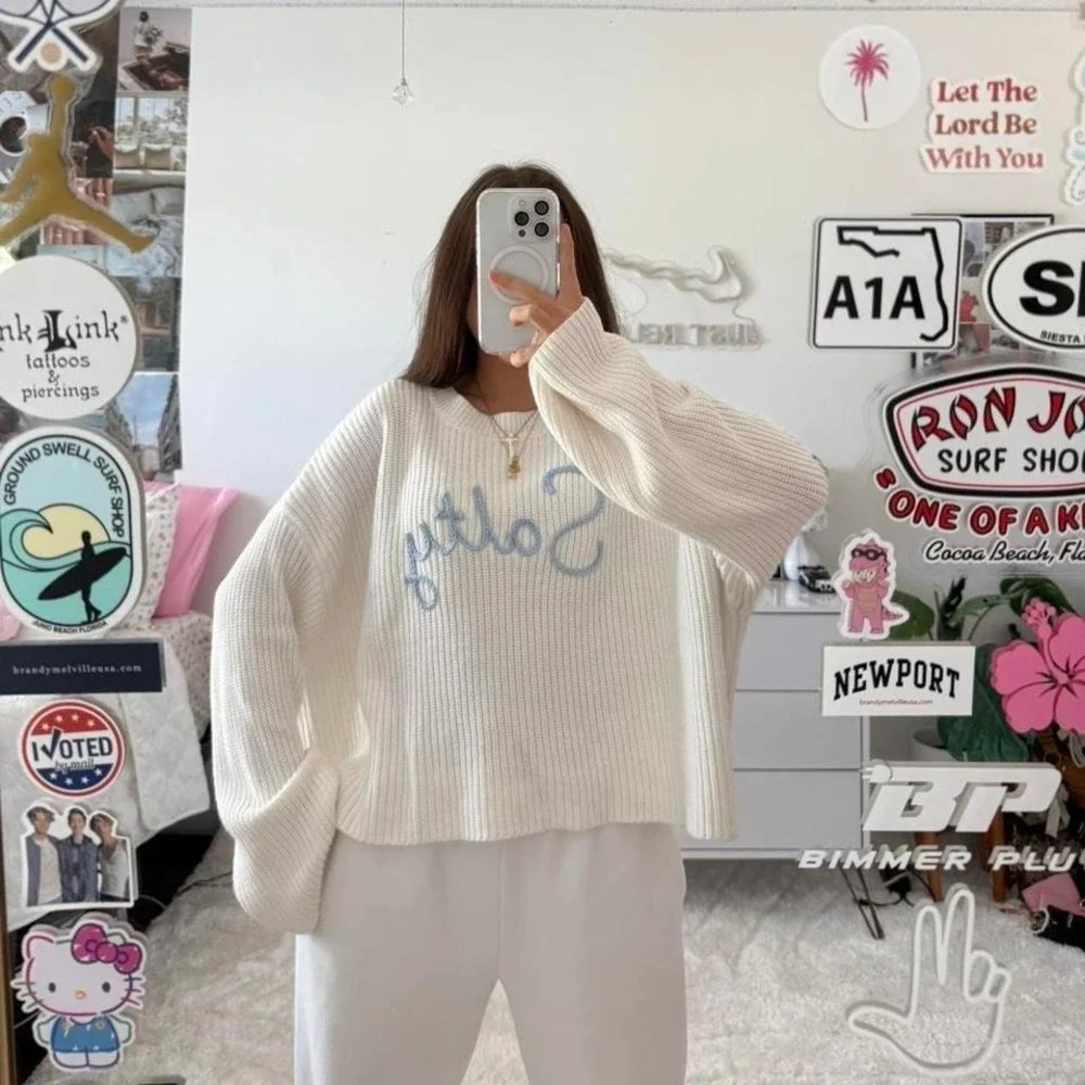 cream and sky blue knitted beachy sweater 